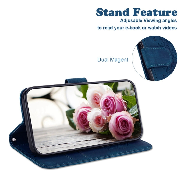Blue Butterfly Rose Embossed Leather Phone Case for Tecno Pova 5 Pro, showcasing its elegant design and premium quality.